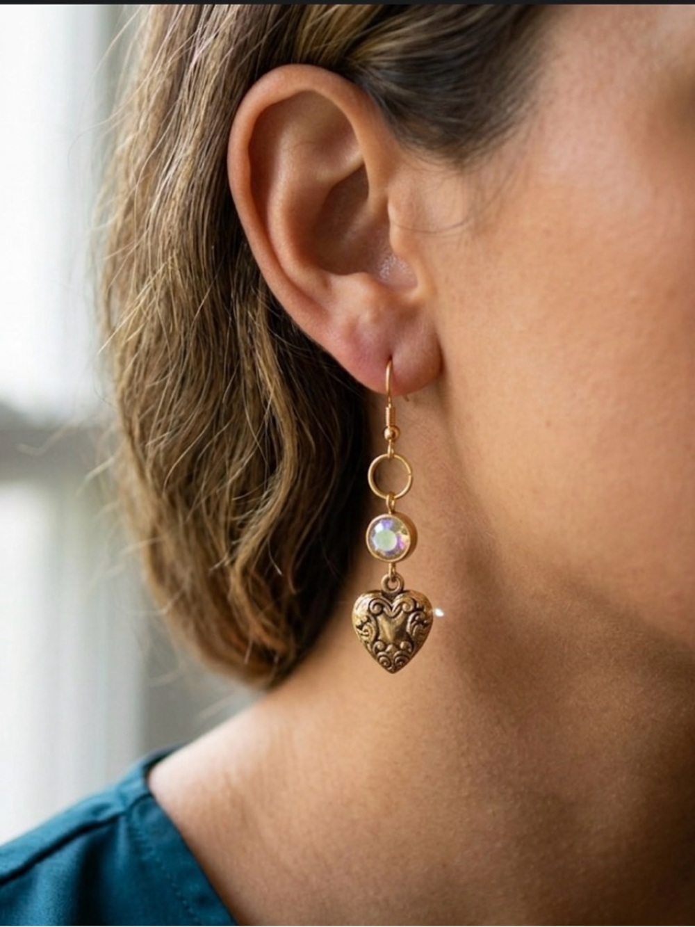 Gold Tone Heart and AB Glass Earrings